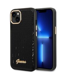 Guess "Croco Collection" Hot Stamp Lines Θήκη προστασίας από δερματίνη με μεταλλικό λογότυπο – iPhone 14 Plus (Μαύρο)