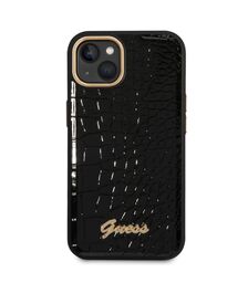 Guess "Croco Collection" Hot Stamp Lines Θήκη προστασίας από δερματίνη με μεταλλικό λογότυπο – iPhone 14 Plus (Μαύρο)