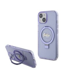 Guess MagSafe Ring Stand Glitter Hard Case Script Logo Θήκη προστασίας από σιλικόνη – iPhone 15 (Διάφανη / Μωβ – GUHMP15SHRSGSU)