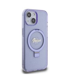 Guess MagSafe Ring Stand Glitter Hard Case Script Logo Θήκη προστασίας από σιλικόνη – iPhone 15 (Διάφανη / Μωβ – GUHMP15SHRSGSU)