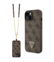 Guess “Triangle Metal Logo Strass Collection” Crossbody Case Θήκη προστασίας από δερματίνη με λουράκι – iPhone 15 (Καφέ – GUHCP15SP4TDSCPW)