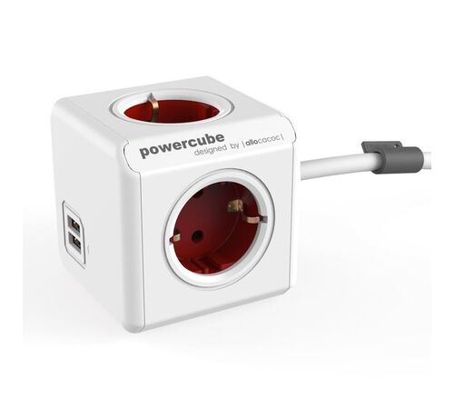 Allocacoc® PowerCube | Extended USB| Πολύπριζο 4 θέσεων & 2 USB – Κόκκινο – 1406RD/DEEUPC