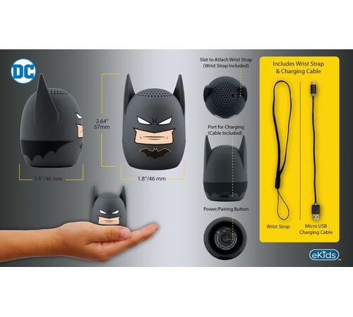 eKids Batman Φορητό ηχείο Bluetooth για παιδιά με λουράκι καρπού (Γκρι/Μαύρο)