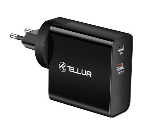 Tellur PDHC1 Φορτιστής δύο θυρών 48W PD (PD30W + QC3.0) 3 βυσμάτων (US, EU, UK), σε μαύρο χρώμα