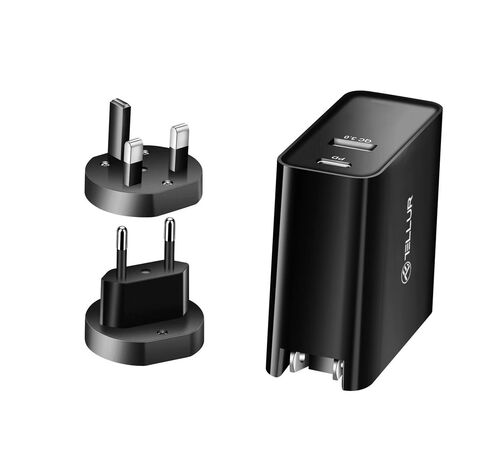 Tellur PDHC1 Φορτιστής δύο θυρών 48W PD (PD30W + QC3.0) 3 βυσμάτων (US, EU, UK), σε μαύρο χρώμα