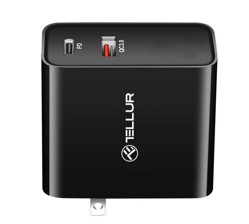 Tellur PDHC1 Φορτιστής δύο θυρών 48W PD (PD30W + QC3.0) 3 βυσμάτων (US, EU, UK), σε μαύρο χρώμα