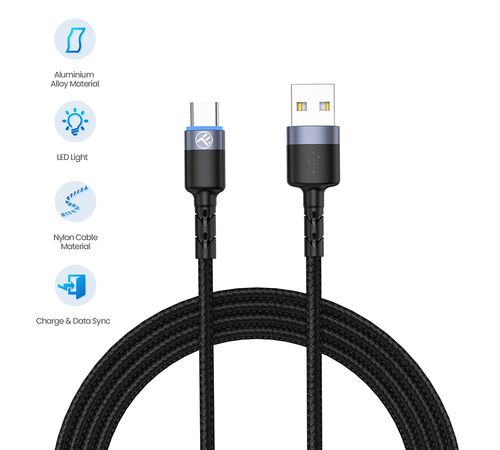 Tellur Data Cable USB To Type-C with LED Light, 2A, 2m, nylon, black
