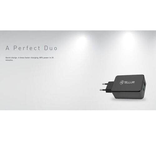 Tellur Dual USB Wall Charger Quick Charge 3.0 6A Φορτιστής δύο θυρών (USB-C + QC3.0), σε μαύρο χρώμα