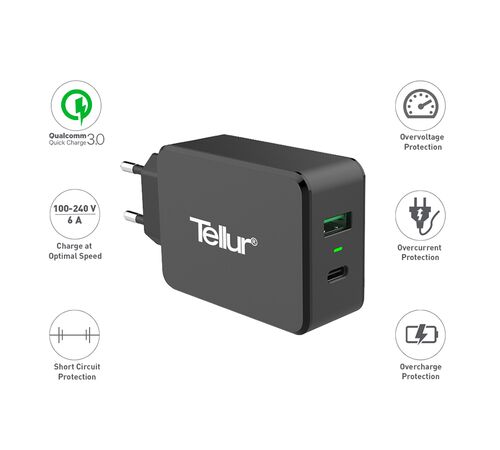 Tellur Dual USB Wall Charger Quick Charge 3.0 6A Φορτιστής δύο θυρών (USB-C + QC3.0), σε μαύρο χρώμα