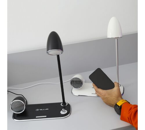Tellur Nostalgia Wireless Desk Charger Ρετρο φωτιστικό γραφείου, ηχείο και βάση ασύρματης φόρτισης 3 σε 1 με υποστήριξη τεχνολογίας Qi (μαύρη)