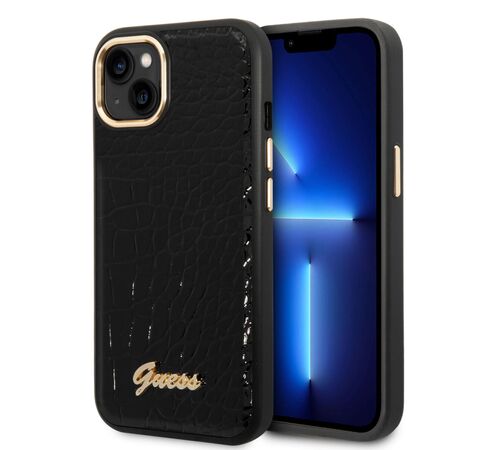 Guess "Croco Collection" Hot Stamp Lines Θήκη προστασίας από δερματίνη με μεταλλικό λογότυπο – iPhone 14 Plus (Μαύρο)