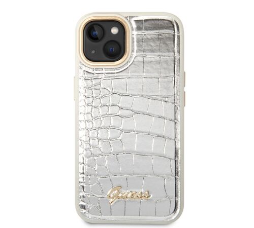 Guess "Croco Collection" Hot Stamp Lines Θήκη προστασίας από δερματίνη με μεταλλικό λογότυπο – iPhone 14 Plus (Λευκό)