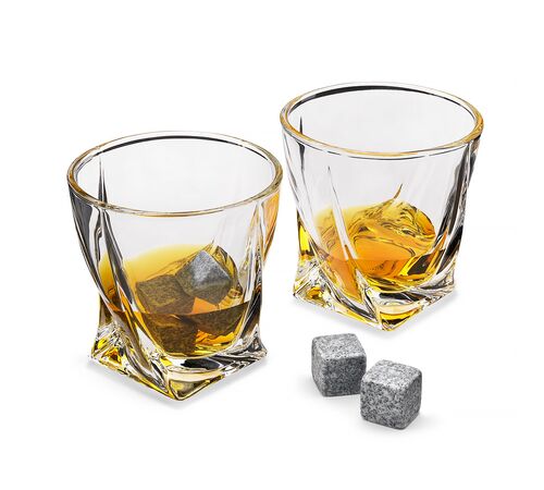 The Source Twisted Glasses With Stone - Σετ 2 ποτήρια και κομψή θήκη Με 4 κύβους πάγου από πέτρα