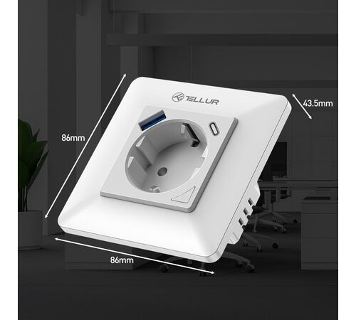 Tellur Smart WiFi Έξυπνη Πρίζα Ρεύματος 3600W / 16A με ενσωματωμένες θύρες 1xUSB 18W & 1xUSB-C PD 20W σε λευκό (TLL331531)