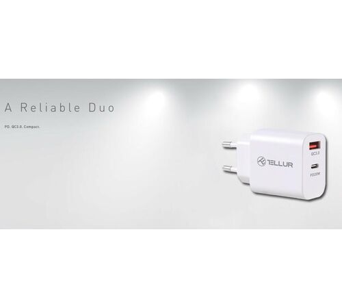 Tellur PDHC101 Φορτιστής δύο θυρών 38W PD (PD20W + QC3.0 18W) σε λευκό χρώμα (TLL151381)