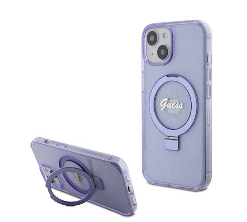 Guess MagSafe Ring Stand Glitter Hard Case Script Logo Θήκη προστασίας από σιλικόνη – iPhone 15 (Διάφανη / Μωβ – GUHMP15SHRSGSU)
