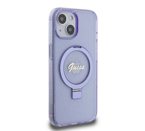Guess MagSafe Ring Stand Glitter Hard Case Script Logo Θήκη προστασίας από σιλικόνη – iPhone 15 (Διάφανη / Μωβ – GUHMP15SHRSGSU)