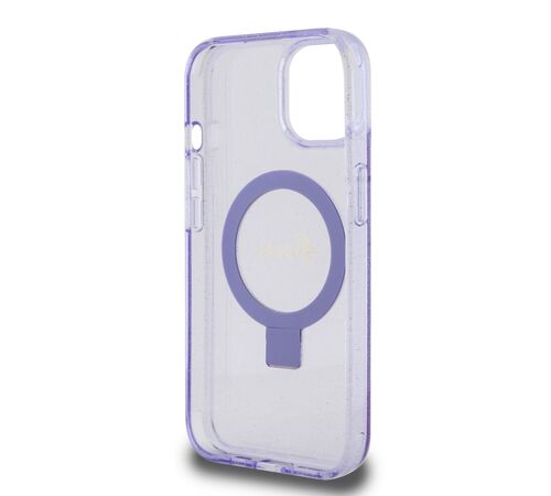 Guess MagSafe Ring Stand Glitter Hard Case Script Logo Θήκη προστασίας από σιλικόνη – iPhone 15 (Διάφανη / Μωβ – GUHMP15SHRSGSU)