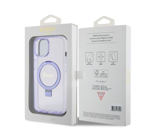 Guess MagSafe Ring Stand Glitter Hard Case Script Logo Θήκη προστασίας από σιλικόνη – iPhone 15 (Διάφανη / Μωβ – GUHMP15SHRSGSU)
