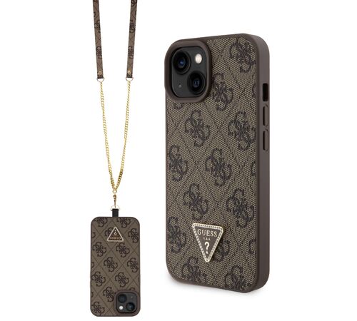 Guess “Triangle Metal Logo Strass Collection” Crossbody Case Θήκη προστασίας από δερματίνη με λουράκι – iPhone 15 (Καφέ – GUHCP15SP4TDSCPW)