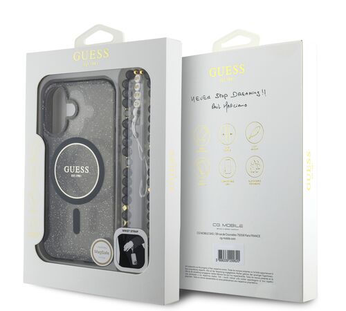 Guess Magsafe “Glitter with Pearl Strap” Hard Case Θήκη προστασίας από σκληρό πλαστικό – iPhone 16 (Μαύρο – GUHMP16SHGCRELSK)